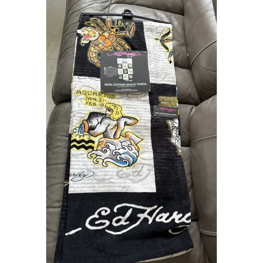 Ed Hardy Zodiac Beach Towel Aquarius Pisces Tiger Scorpion 36x68 NWT Y2K